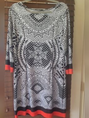 Max Studio Black and White Geometric Midi Dress with Red And Black Trim